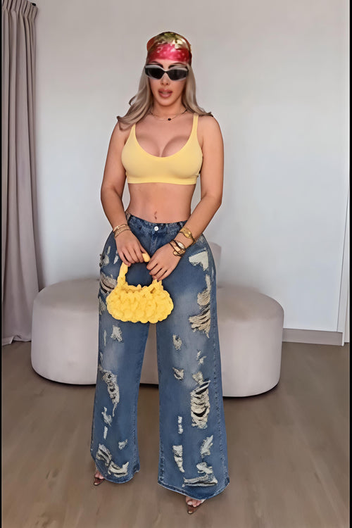 Distressed High-Waist Wide Leg Jeans