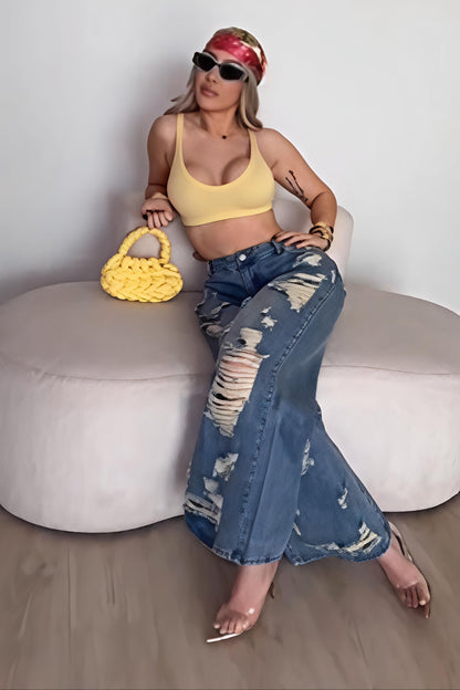 Distressed High-Waist Wide Leg Jeans