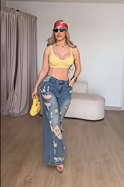 Distressed High-Waist Wide Leg Jeans