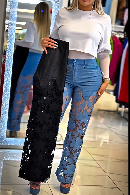 Blue Sheer Cutout High-Waist Flare Pants