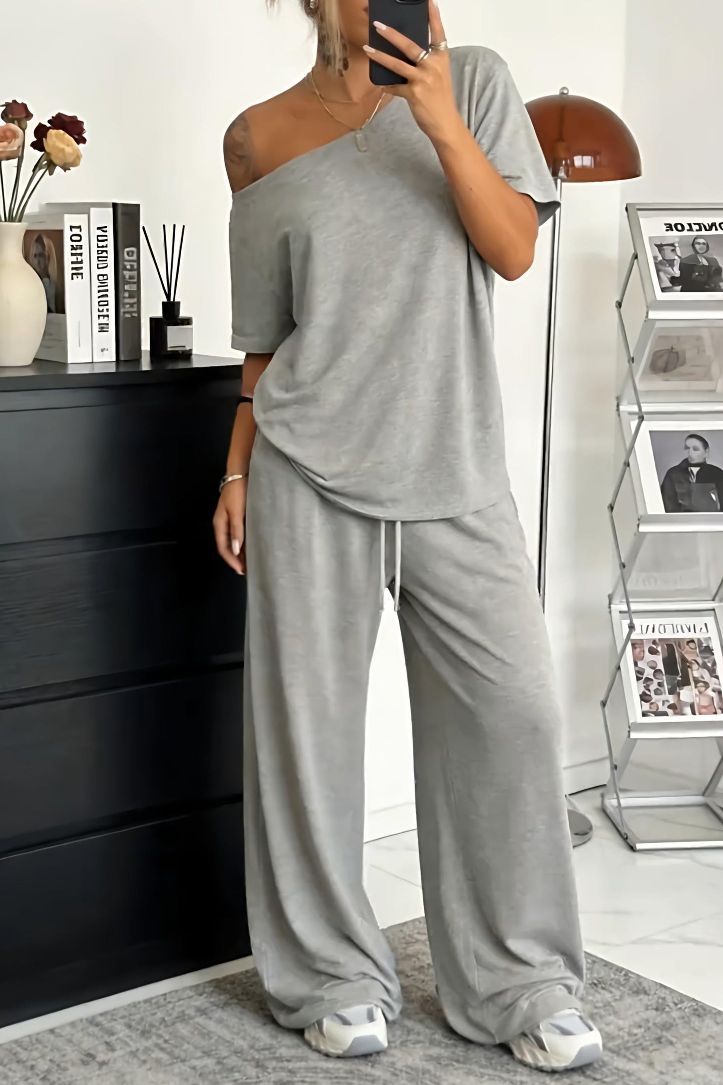 Off-Shoulder Loungewear Two-Piece Set