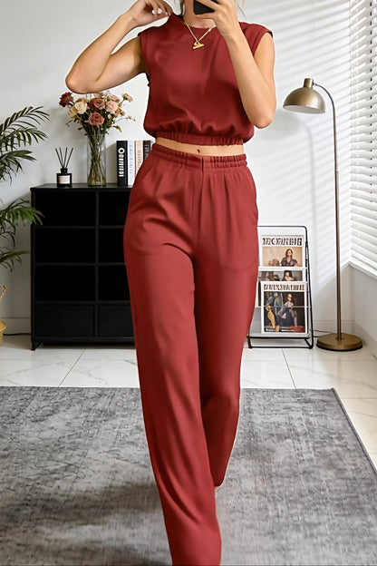 Sleeveless Crop Top & Wide-Leg Pants Set
