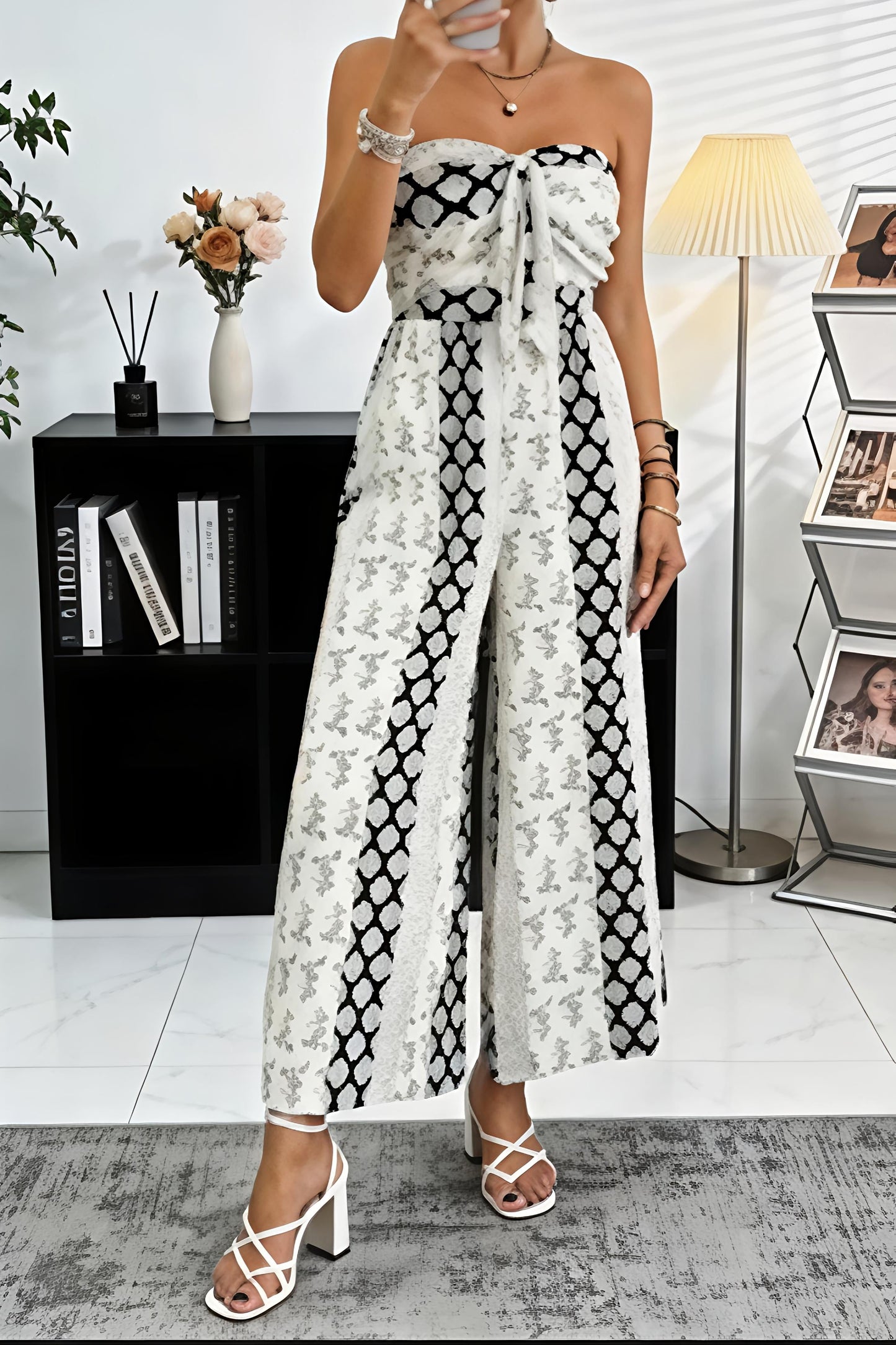 Strapless Floral Geo Print Wide Leg Jumpsuit