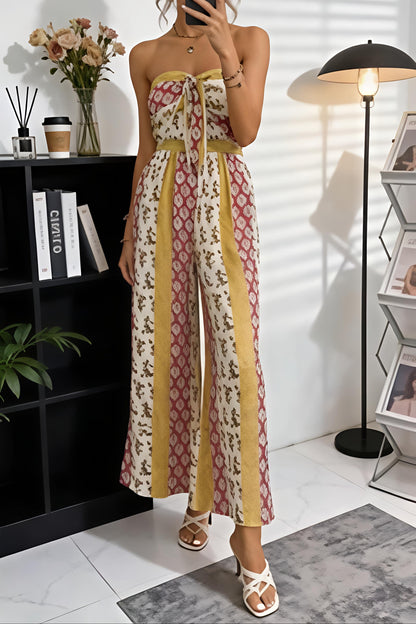 Strapless Floral Geo Print Wide Leg Jumpsuit