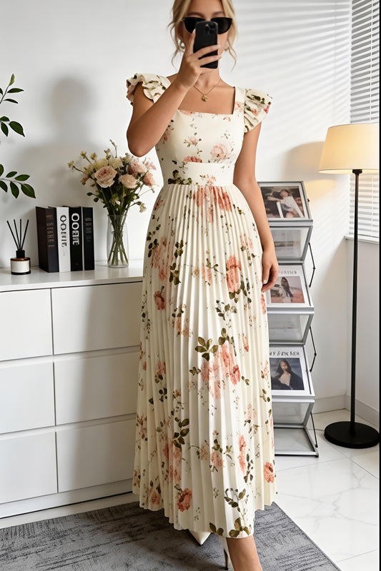 Ruffled Floral Pleated Maxi Dress