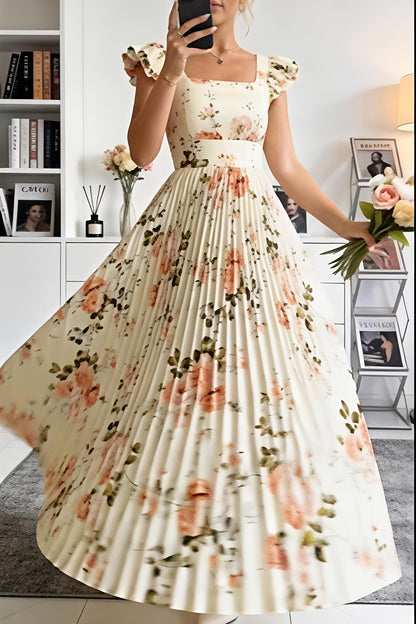 Ruffled Floral Pleated Maxi Dress