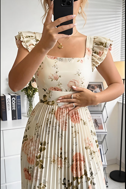 Ruffled Floral Pleated Maxi Dress