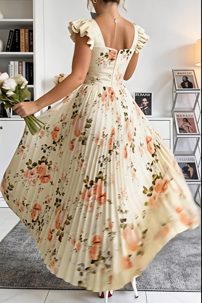 Ruffled Floral Pleated Maxi Dress