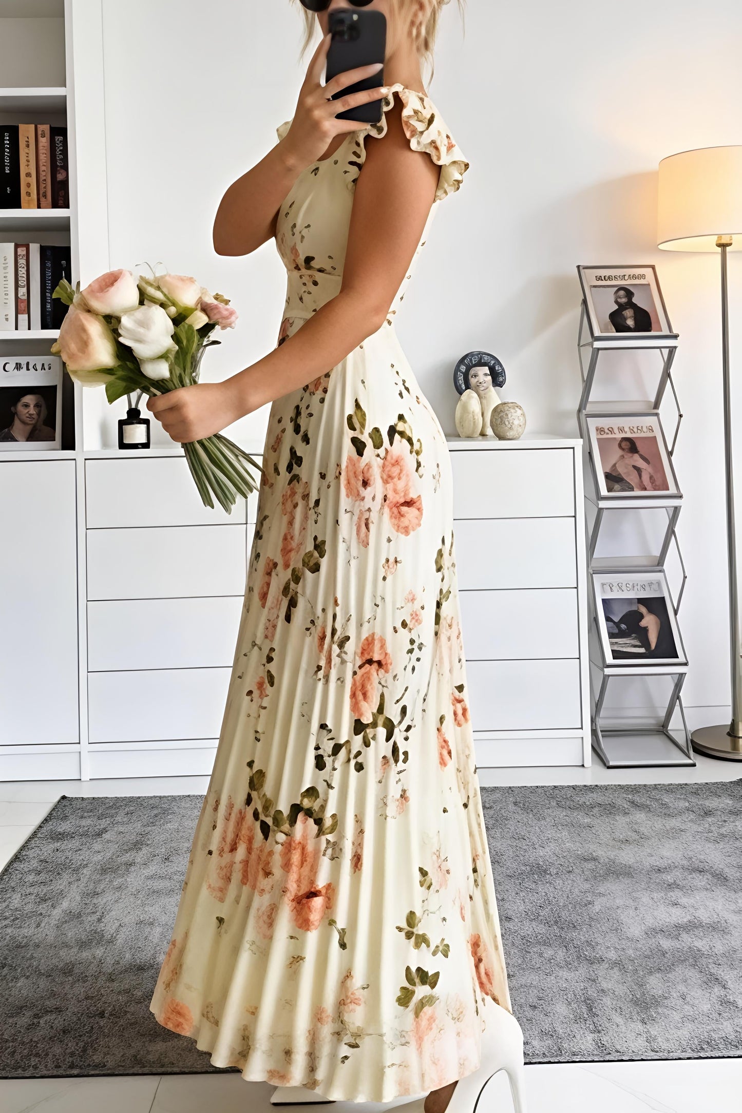 Ruffled Floral Pleated Maxi Dress