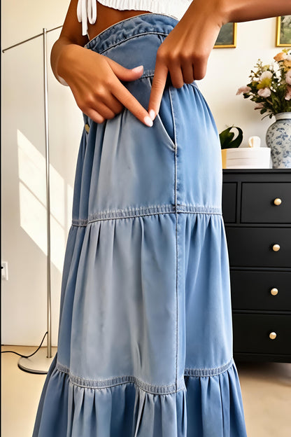 High-Waisted Tiered Denim Maxi Skirt