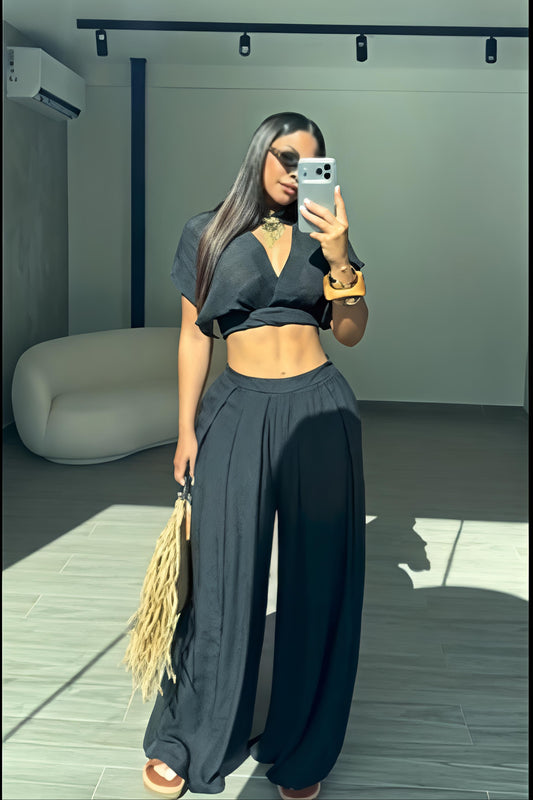 Black Deep V Crop & Wide Leg Pants Set