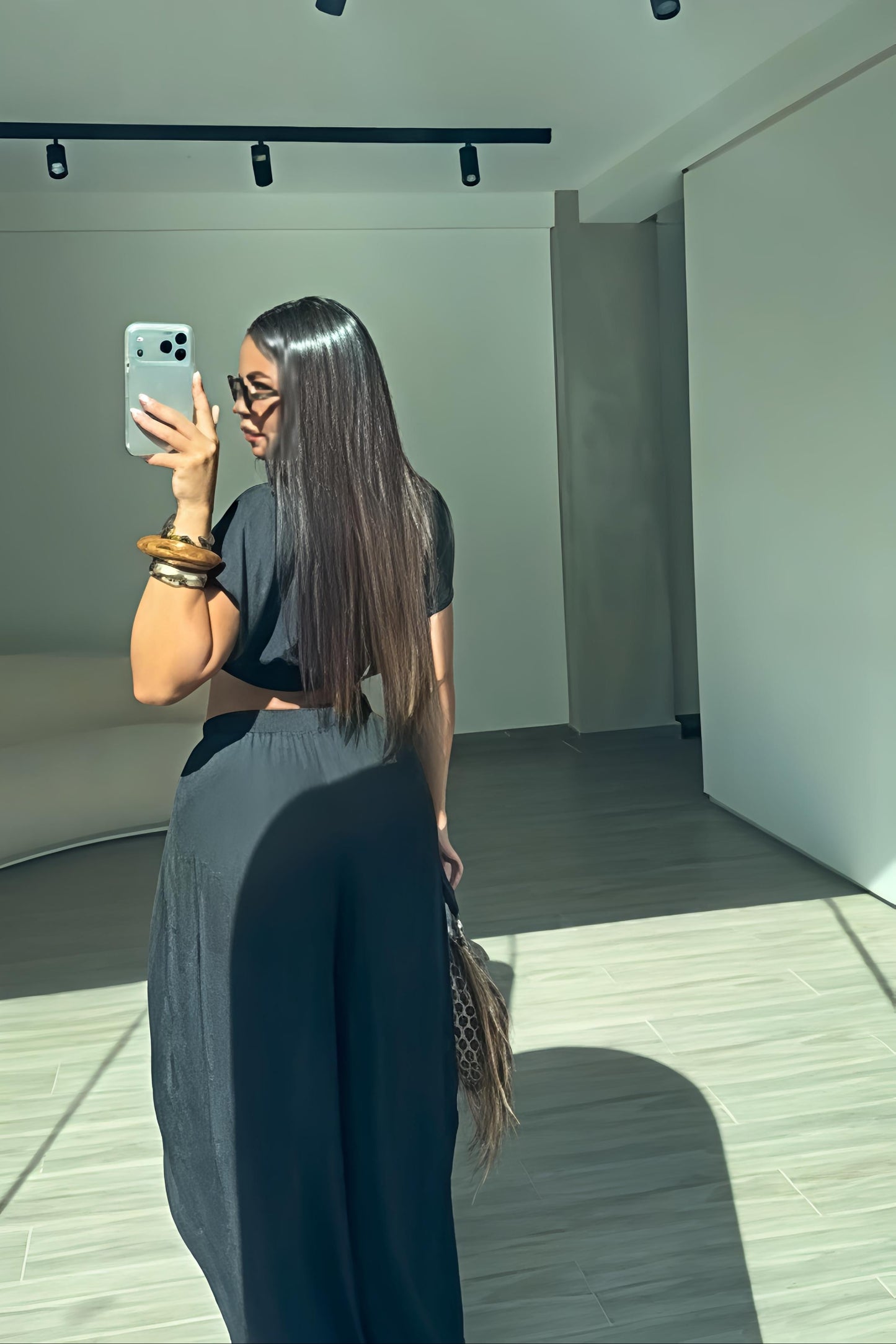 Black Deep V Crop & Wide Leg Pants Set