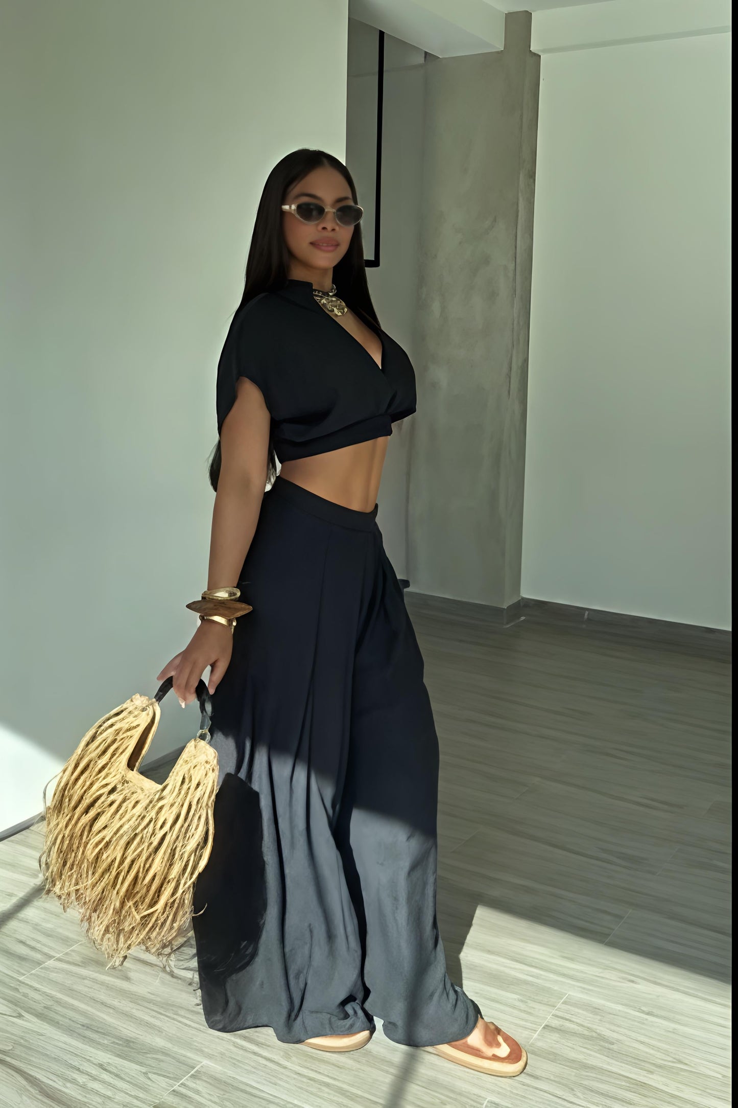 Black Deep V Crop & Wide Leg Pants Set