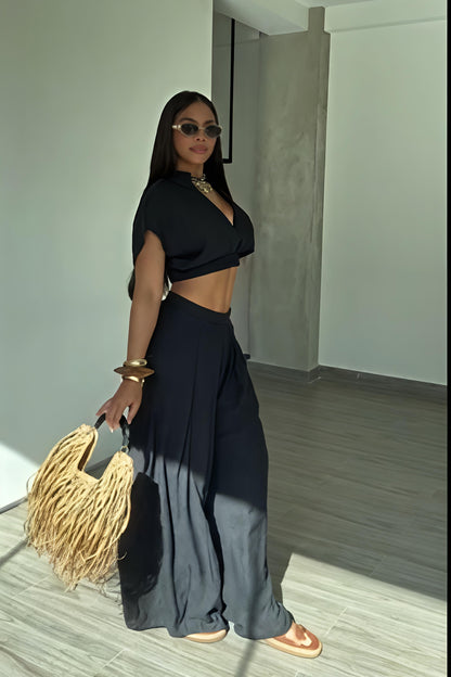 Black Deep V Crop & Wide Leg Pants Set