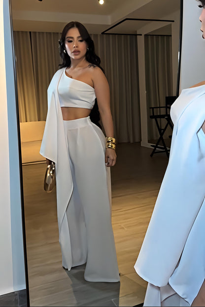 White One-Shoulder Draped Two-Piece Set