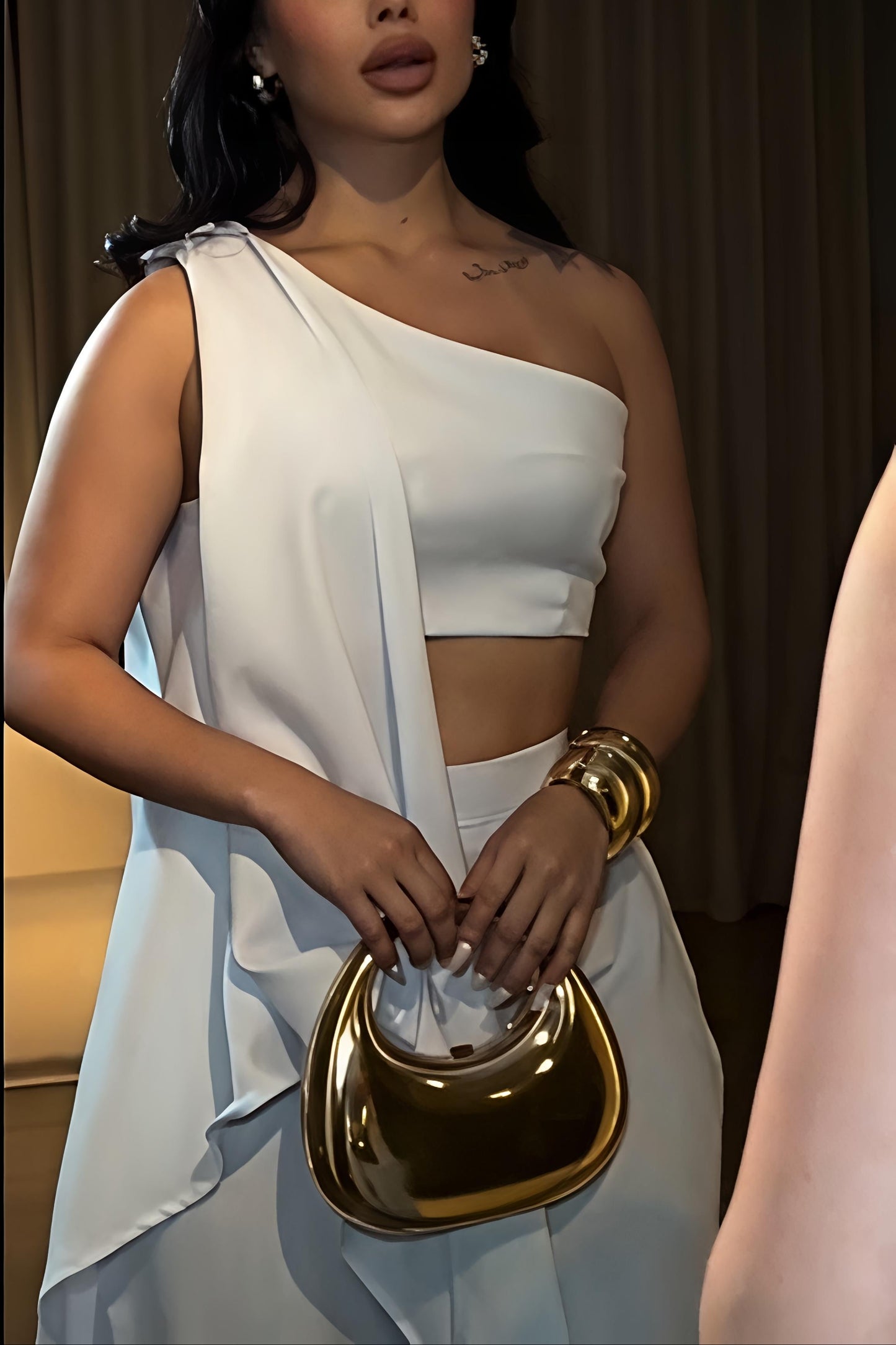White One-Shoulder Draped Two-Piece Set