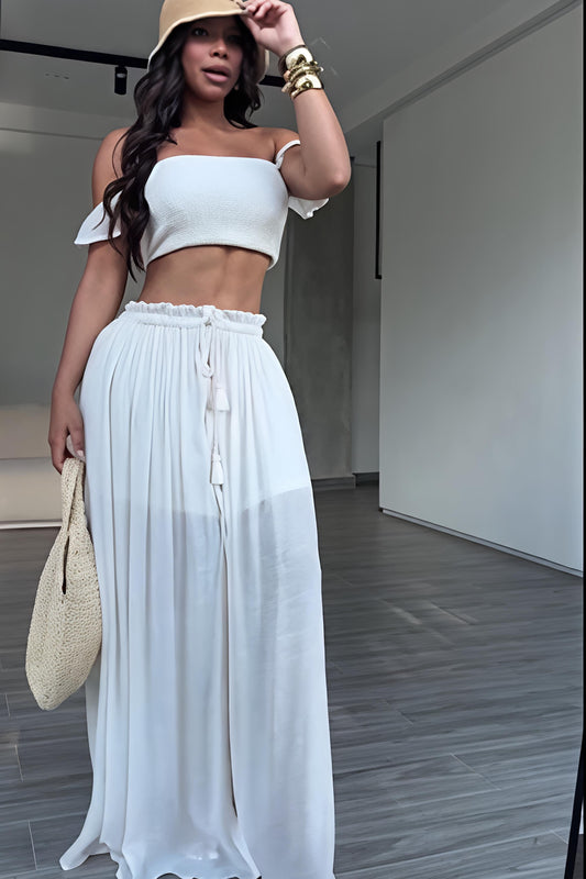 White Off-Shoulder Crop & Maxi Skirt Set