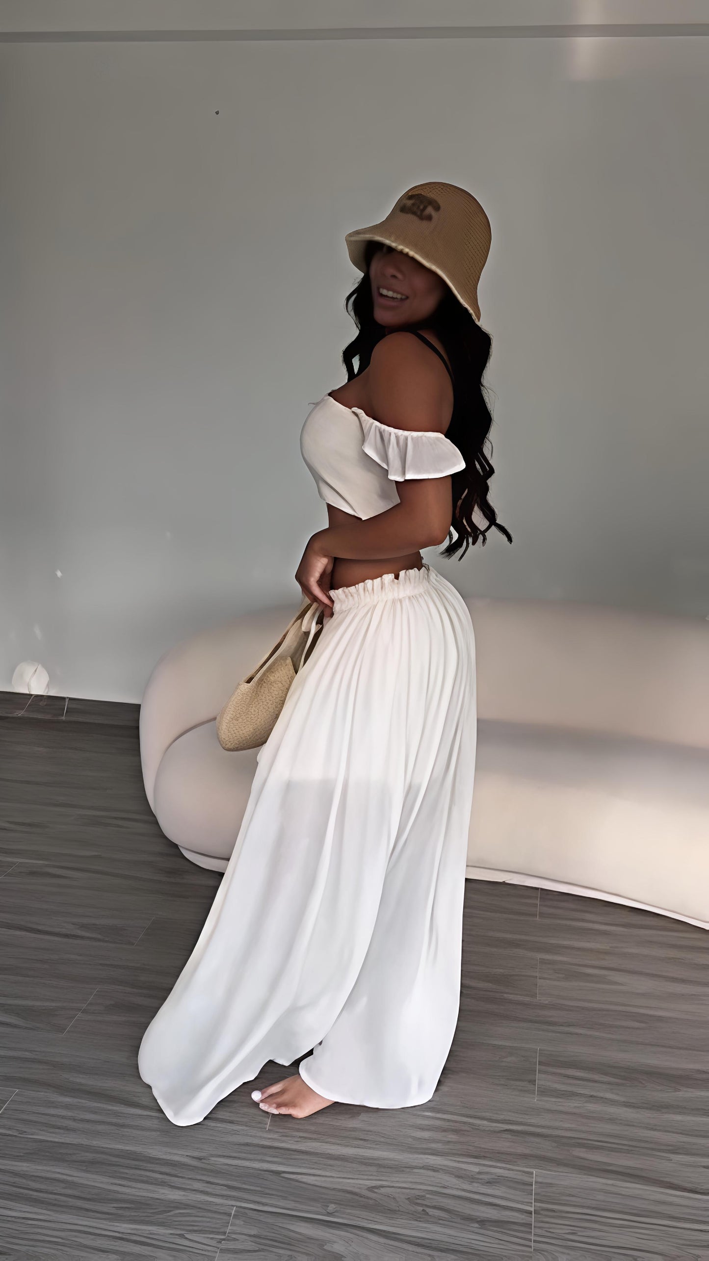 White Off-Shoulder Crop & Maxi Skirt Set