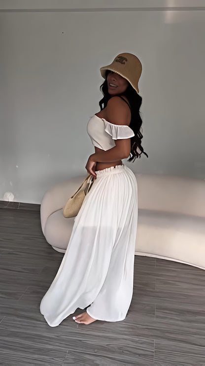 White Off-Shoulder Crop & Maxi Skirt Set
