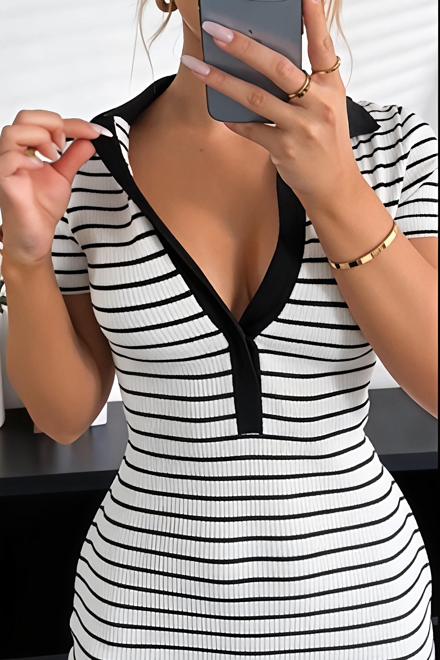 Striped V-Neck Bodycon Midi Dress