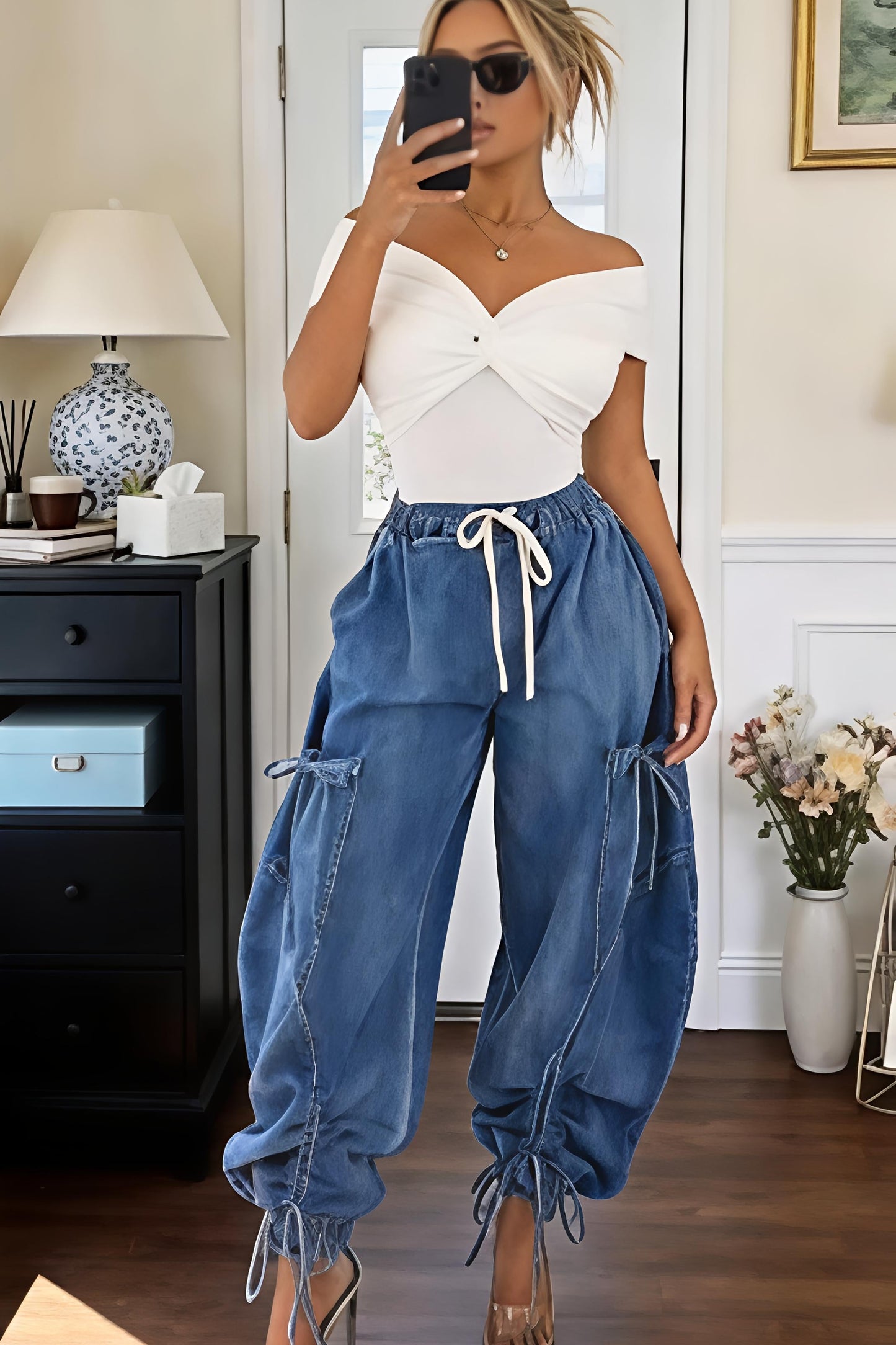 Women's Drawstring Cargo Harem Jeans