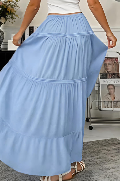 Women's Blue Elastic Waist Tiered Maxi Skirt