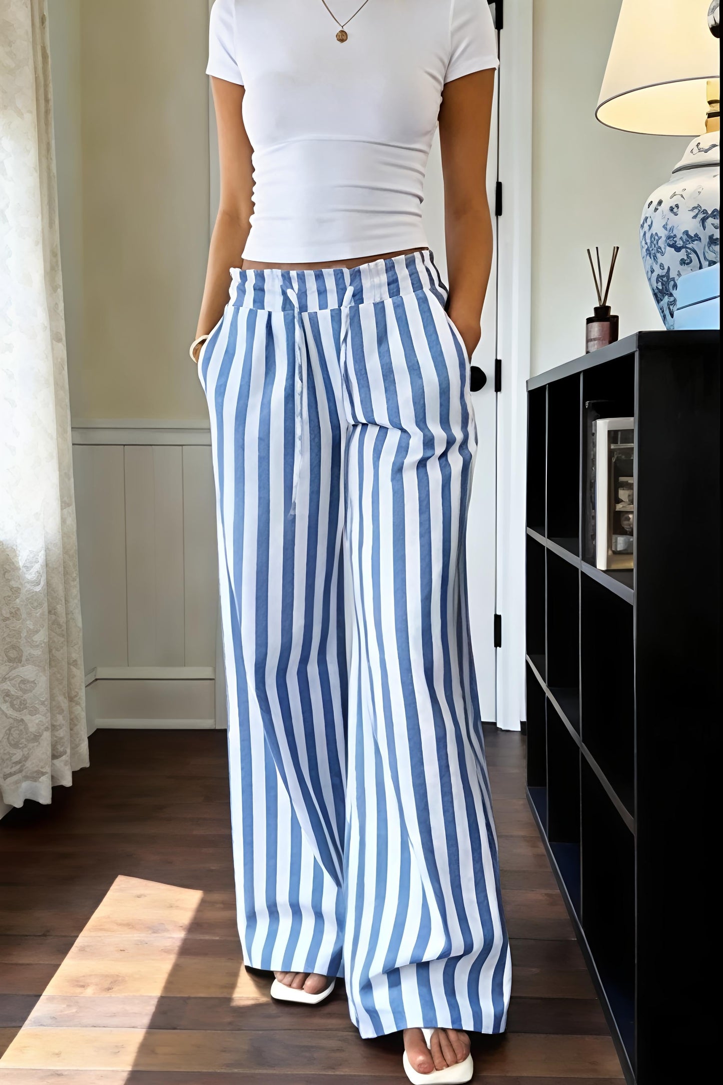 Women's High Waist Striped Wide Leg Pants