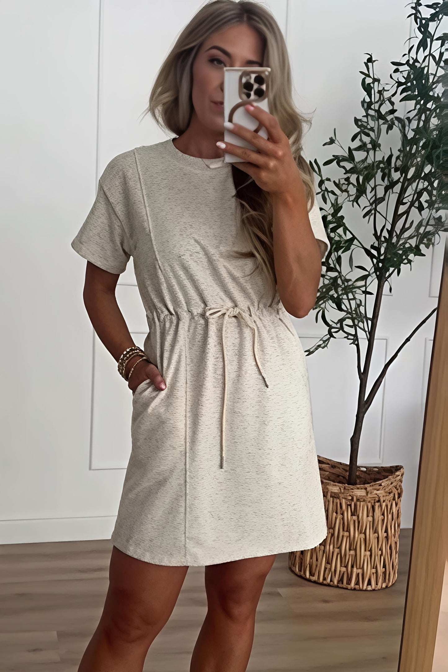 Heathered Drawstring Waist T-Shirt Dress with Pockets