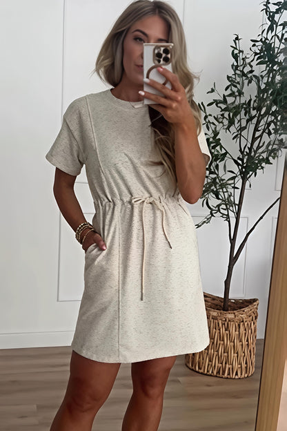 Heathered Drawstring Waist T-Shirt Dress with Pockets