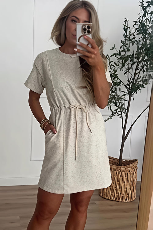 Heathered Drawstring Waist T-Shirt Dress with Pockets