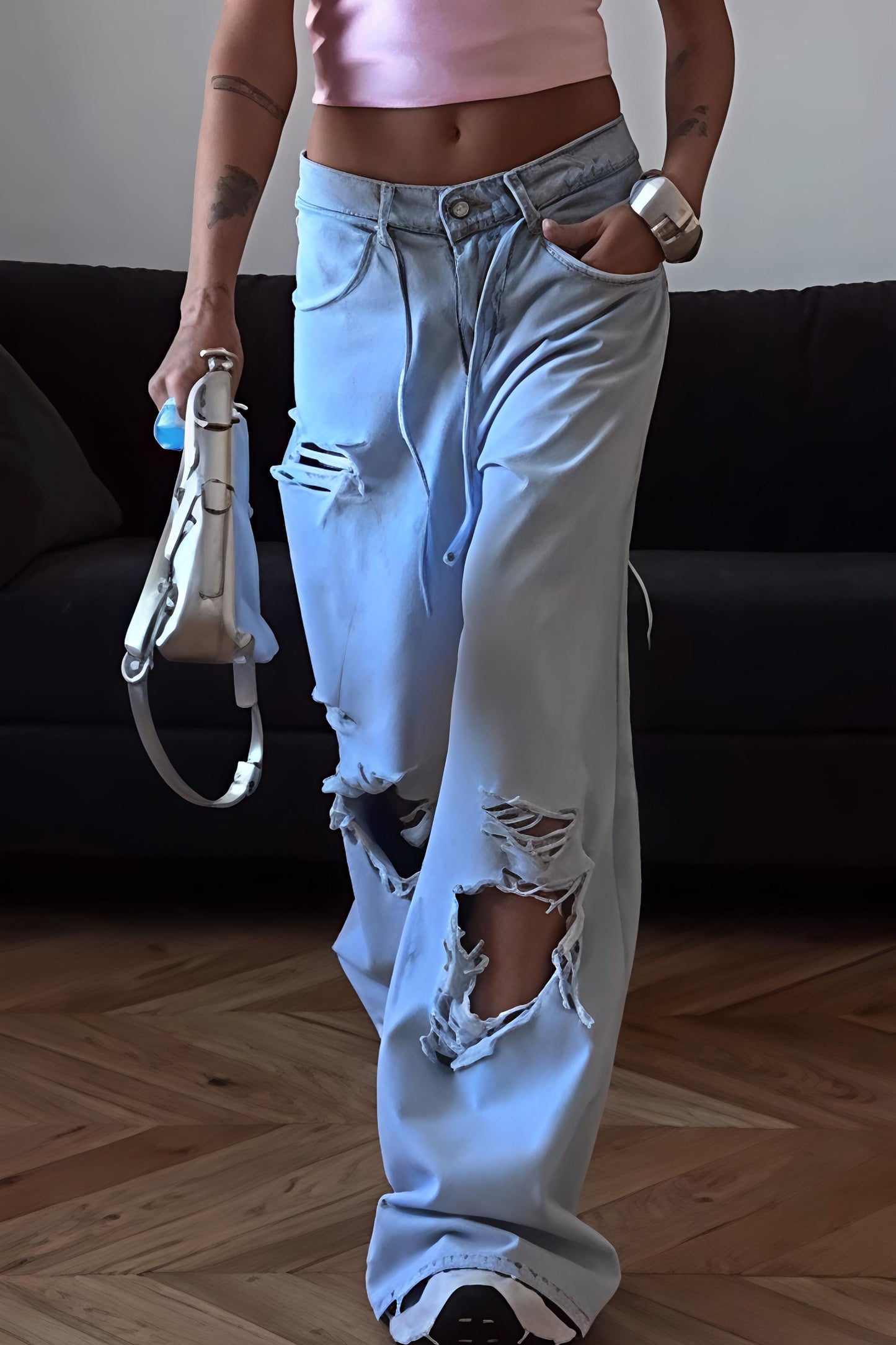 Loose straight-hole denim pants