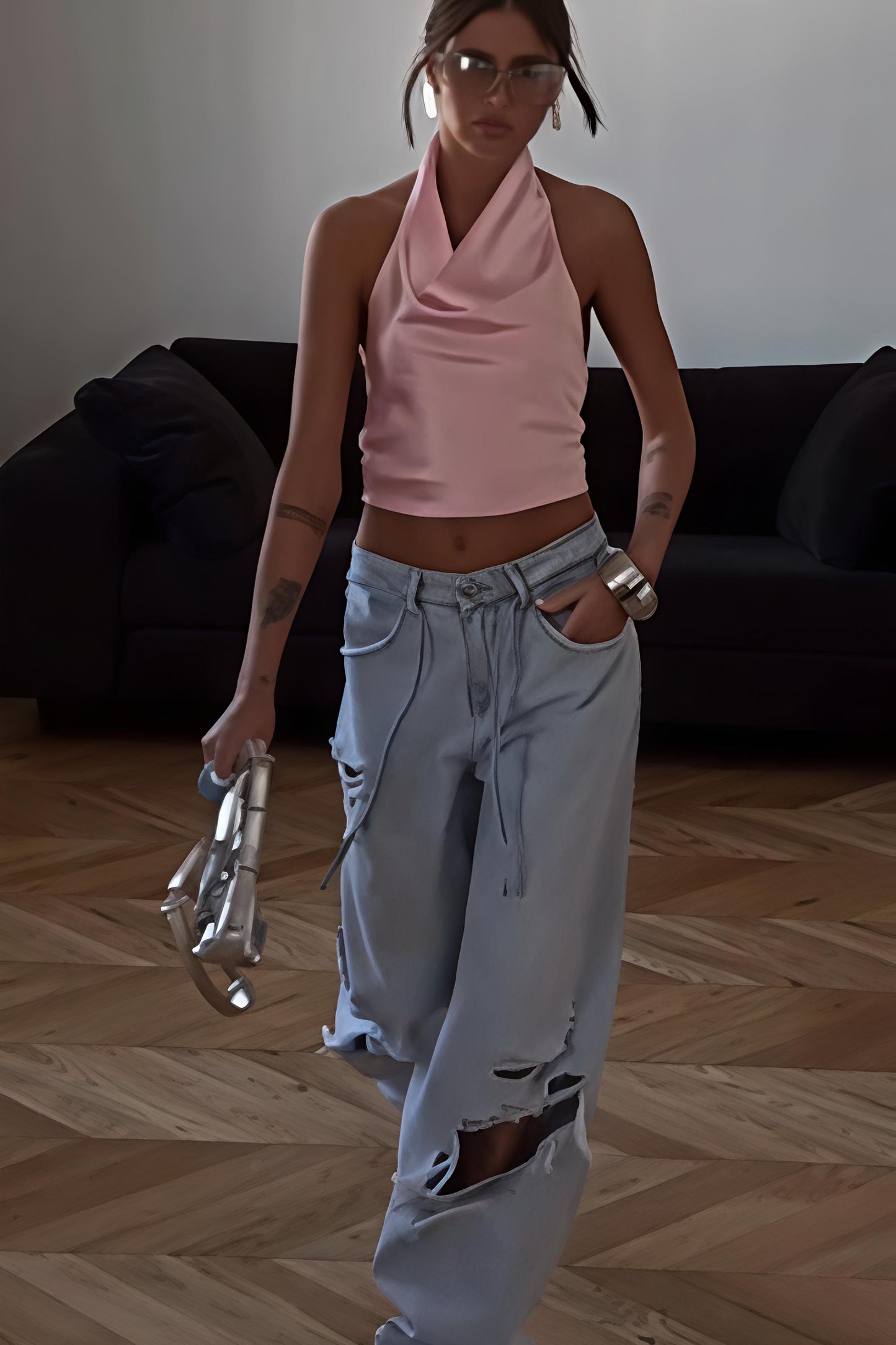 Loose straight-hole denim pants