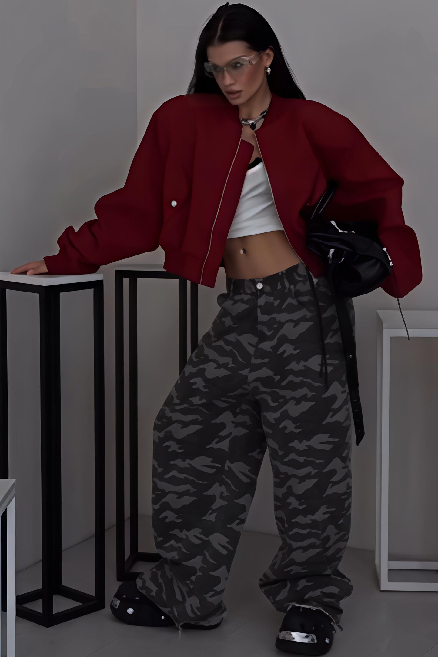 High-waisted camouflage wide-leg pants for women