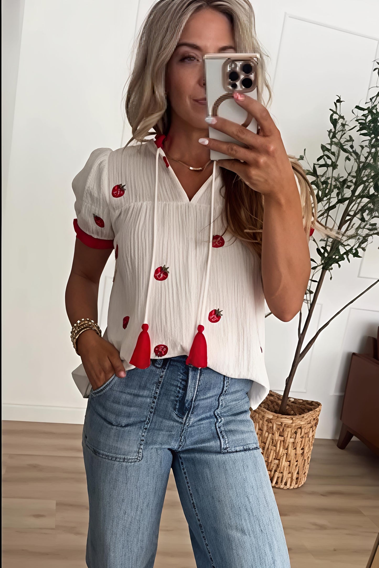 Strawberry Embroidered Puff Sleeve Blouse