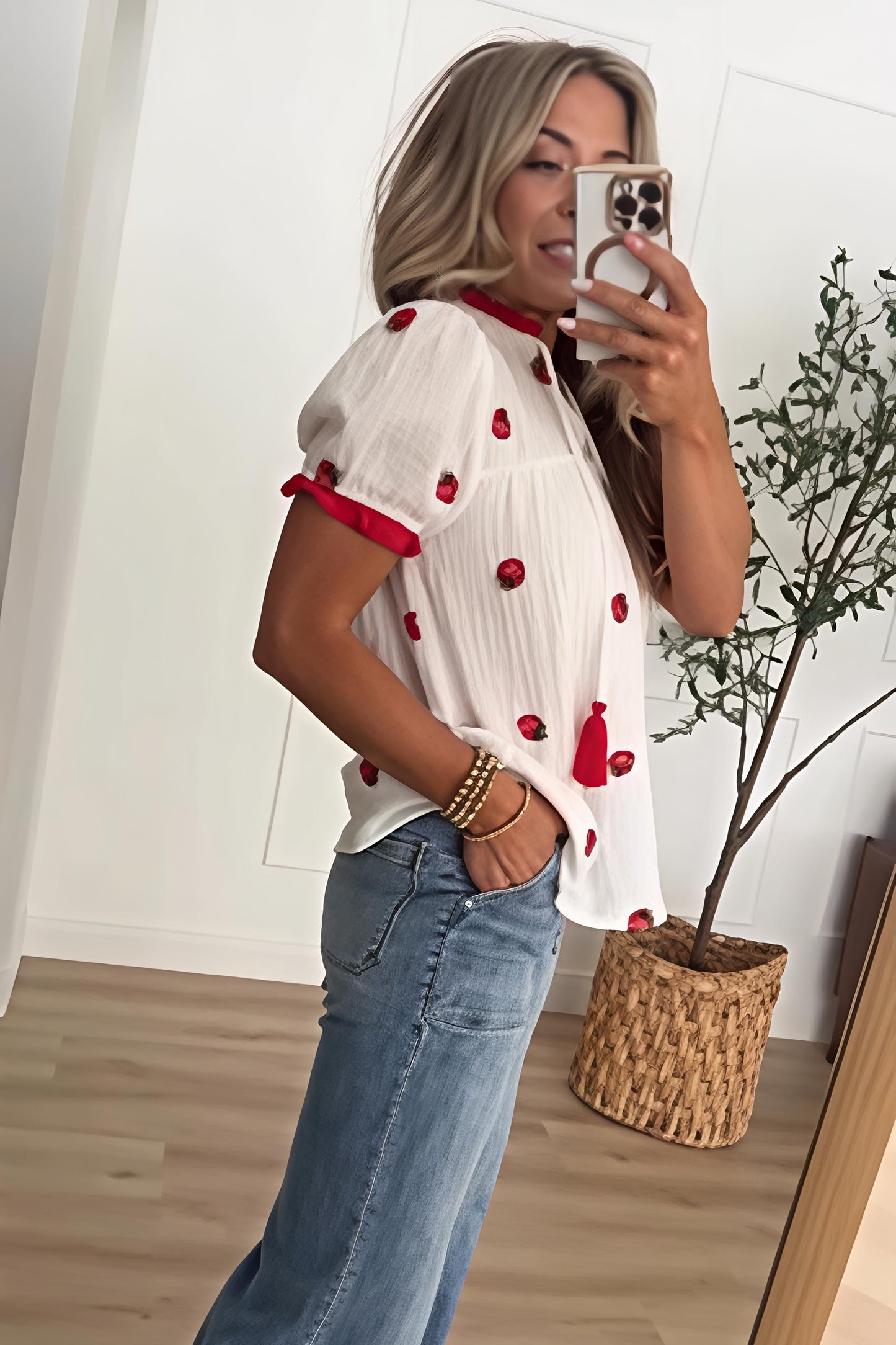 Strawberry Embroidered Puff Sleeve Blouse