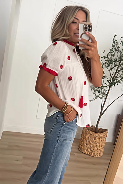 Strawberry Embroidered Puff Sleeve Blouse