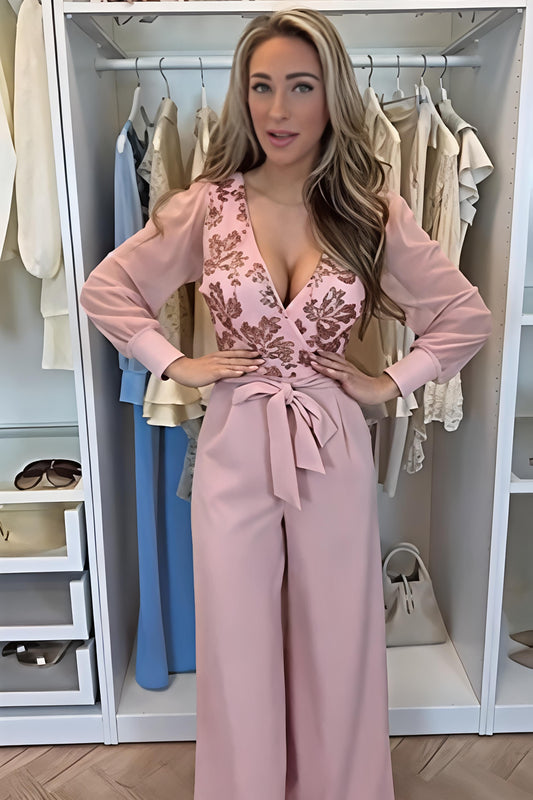 Pleated sequin-decorated deep V-shaped jumpsuit