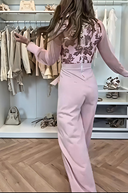 Pleated sequin-decorated deep V-shaped jumpsuit