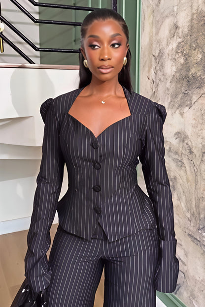 Black Pinstripe Sweetheart Neck Suit Set