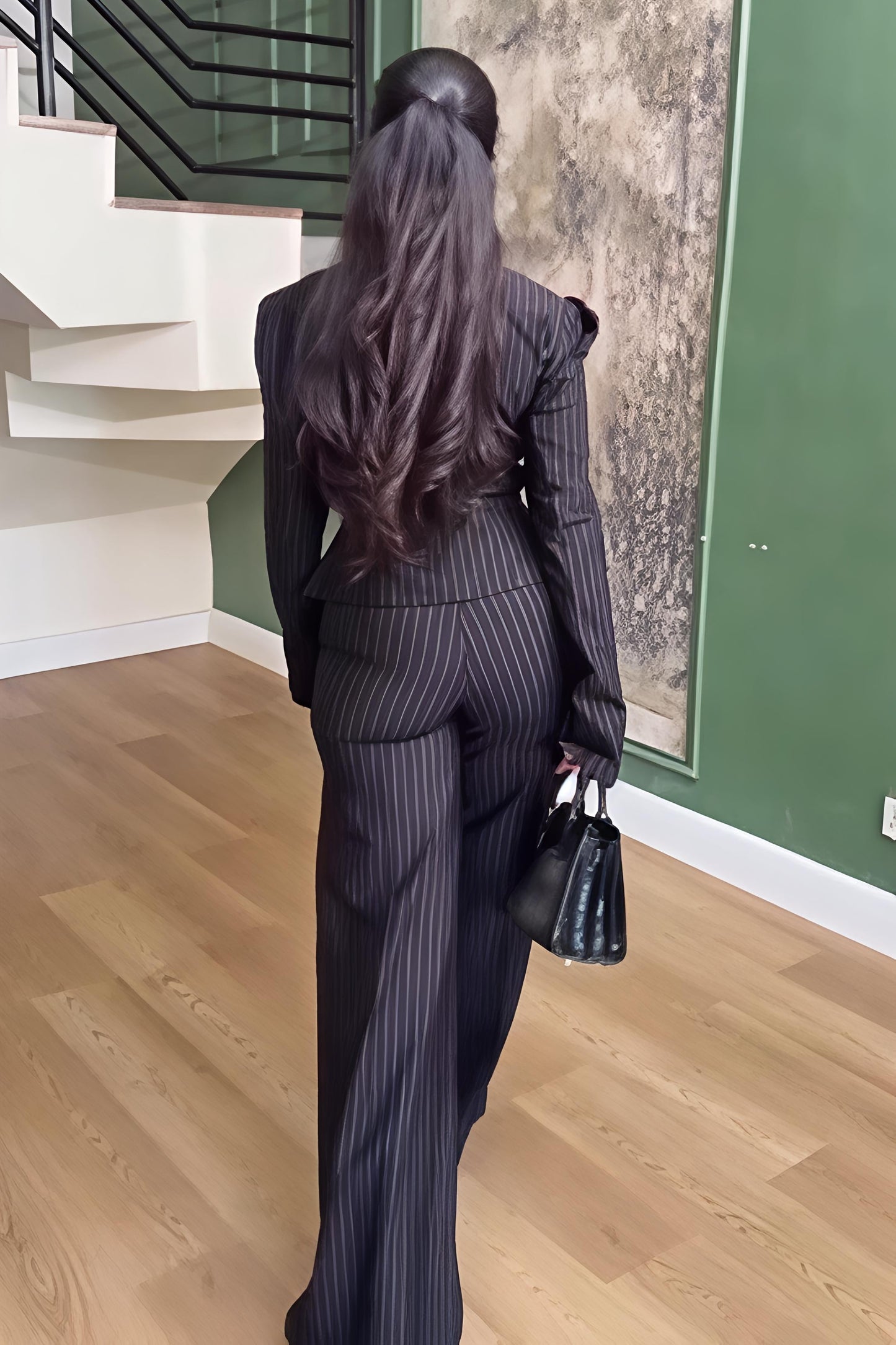 Black Pinstripe Sweetheart Neck Suit Set