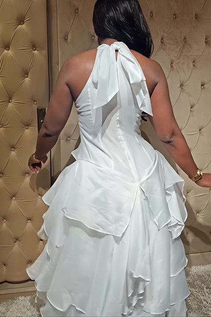 The Ultimate White Ruffle Halter Maxi Dress