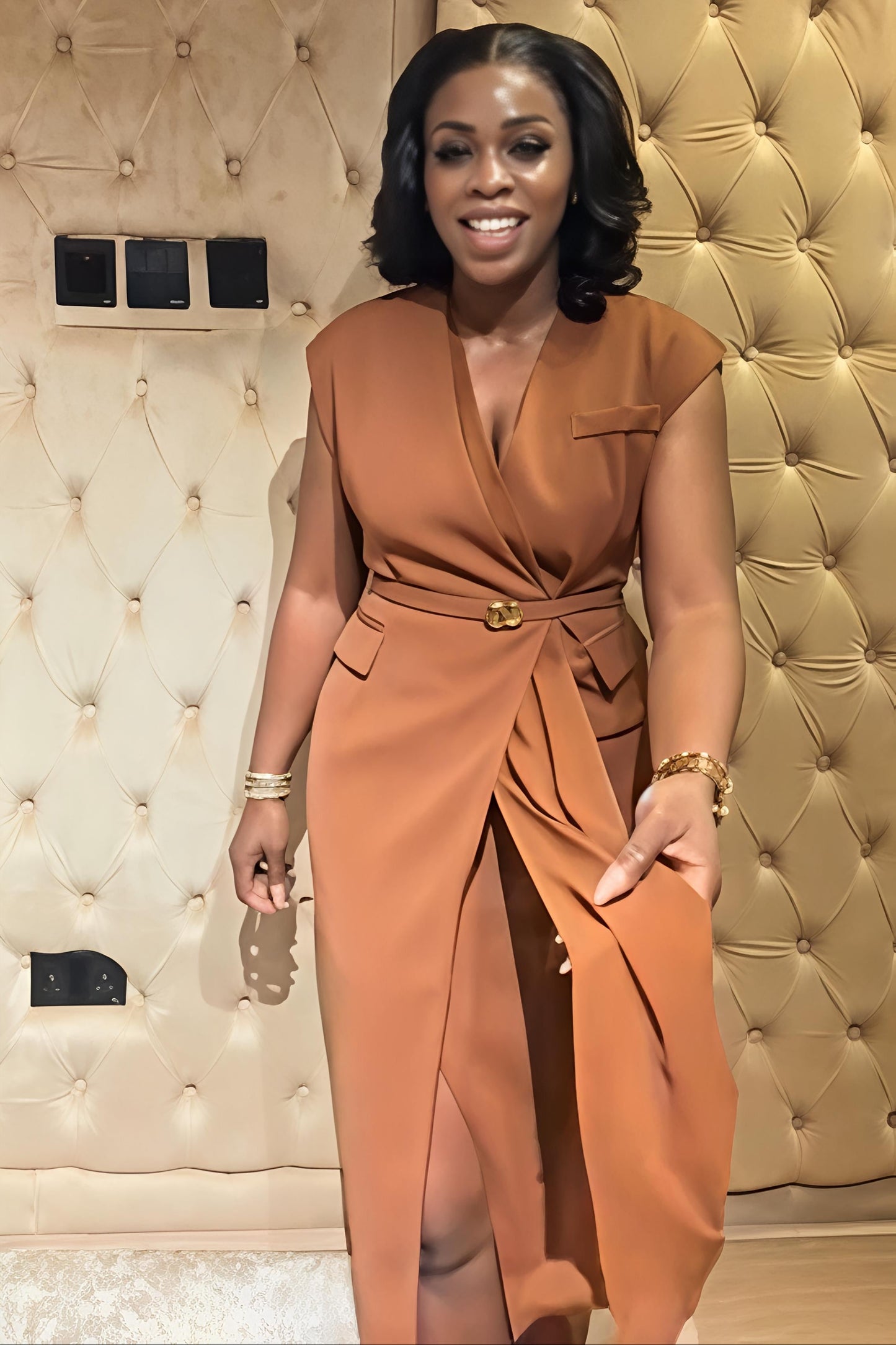 Sleeveless Tailored Wrap Midi Dress