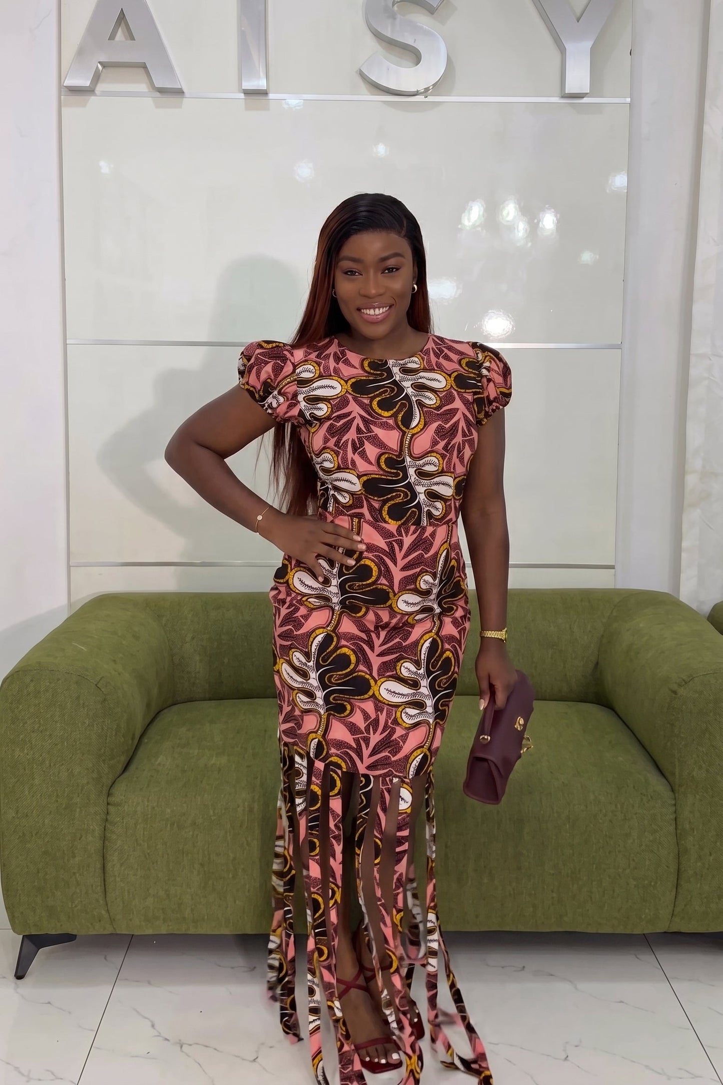 African Print Fringe Bodycon Midi Dress