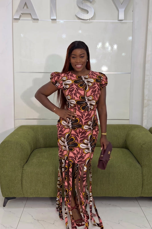 African Print Fringe Bodycon Midi Dress