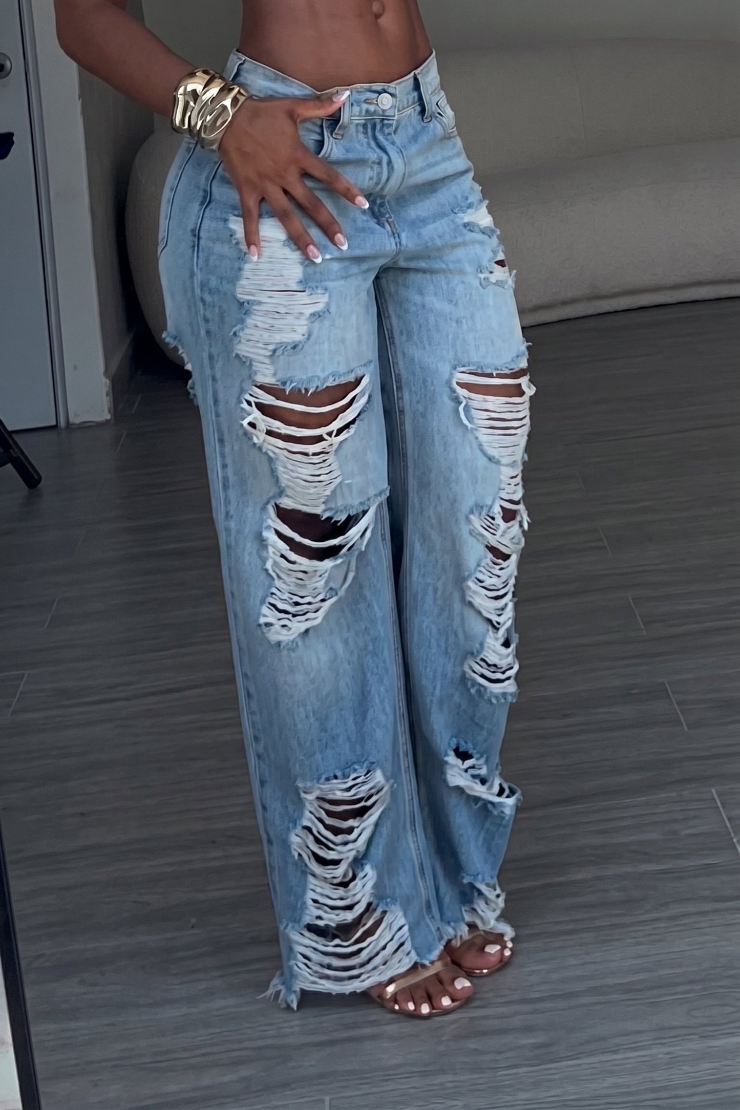 Distressed High-Waist Wide Leg Jeans