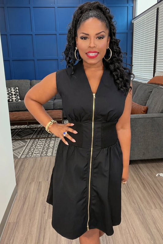Black Sleeveless Zip-Front Cinched Waist Dress