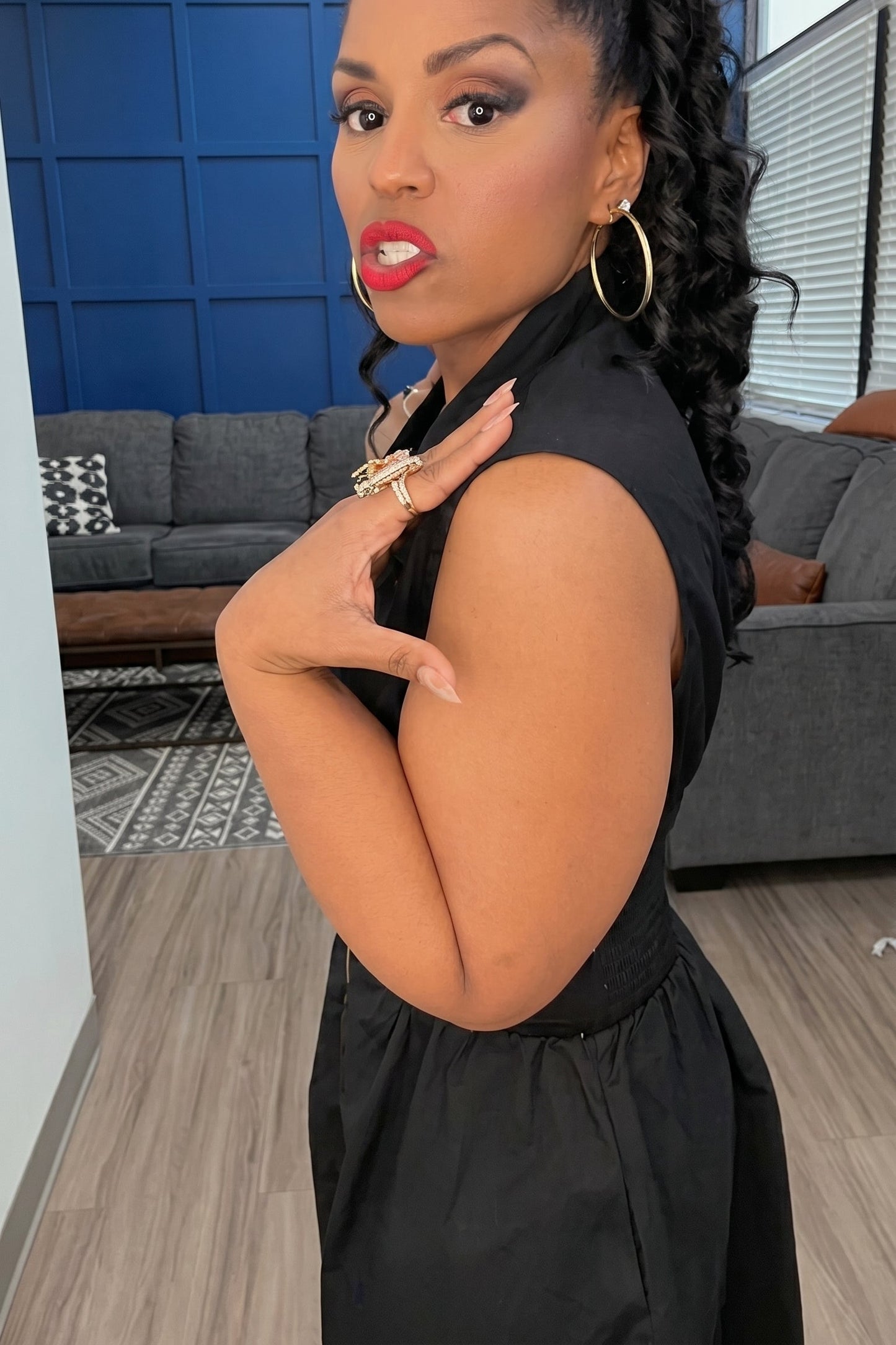 Black Sleeveless Zip-Front Cinched Waist Dress