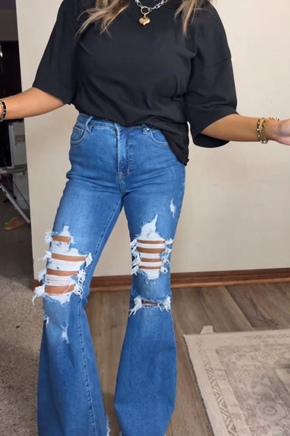 High-Waist Ripped Flare Jeans