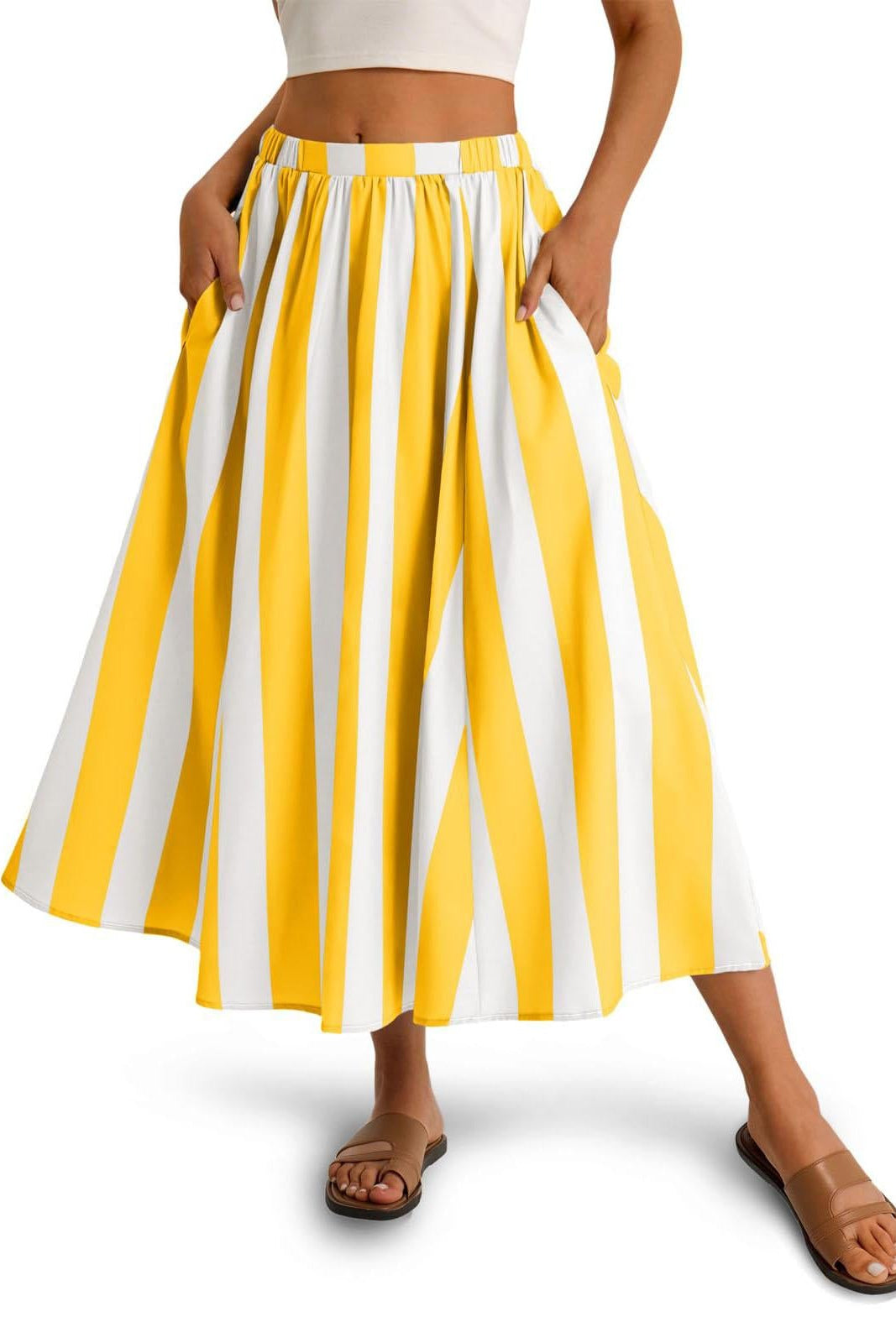 Bold Stripe A-Line Midi Skirt - Elastic Waist & Pockets