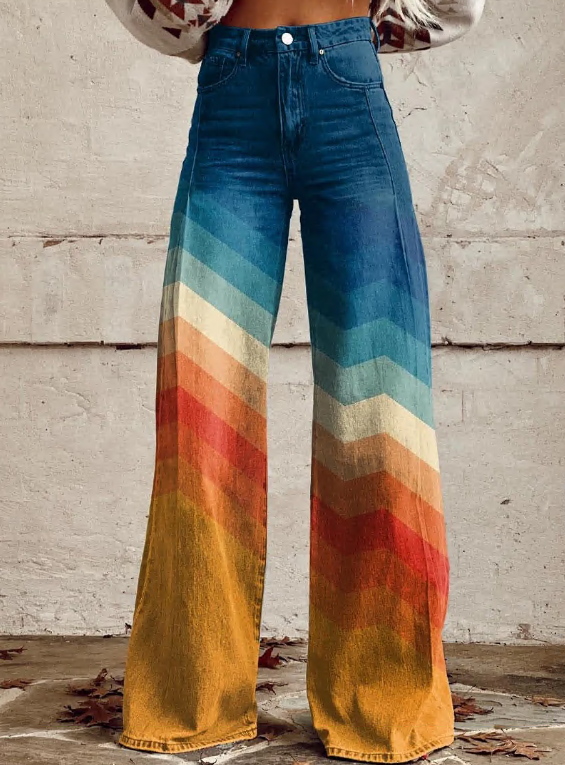 Retro Printed High Waist Wide Leg Jeans